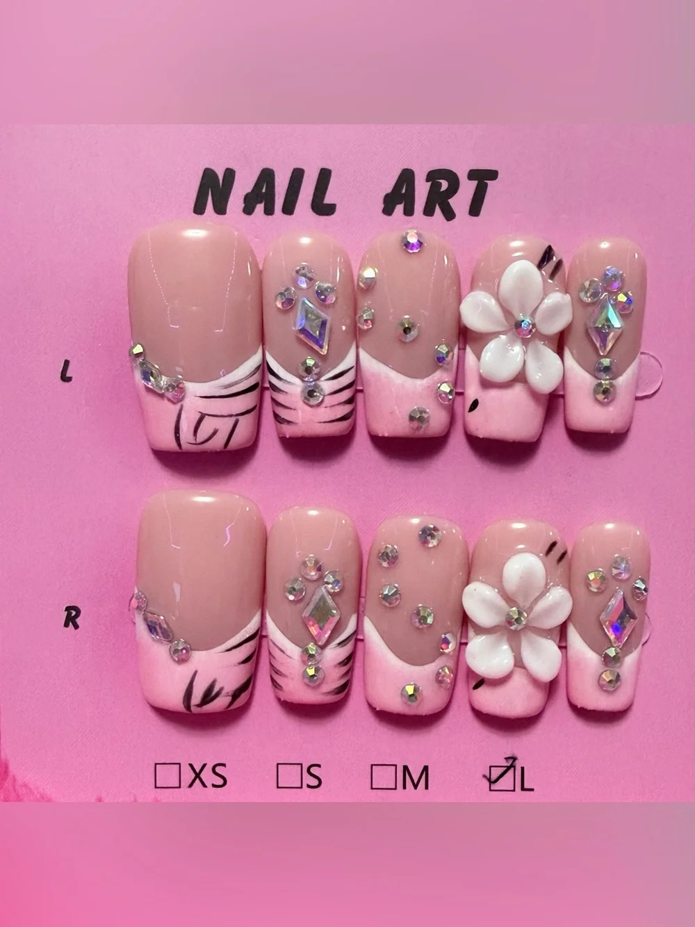 Nude Pink Floral Rhinestone Press-On Nail Set